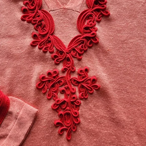 Soft Surroundings Linen Blend Ribbon Embellishing Tunic Top Long Sleeve Coral - Picture 8 of 8